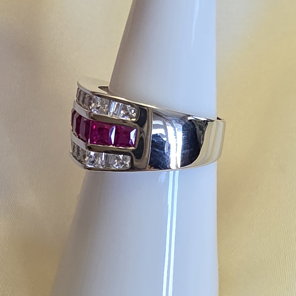 Simulated Ruby And White Diamond (Cz) Silvertone … - image 2